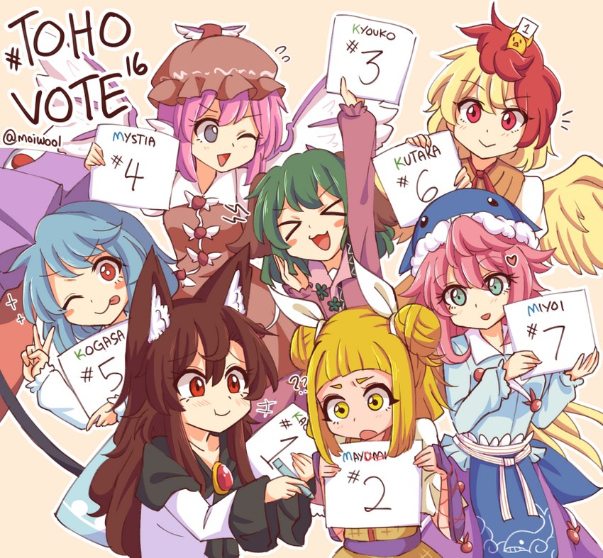 tatara kogasa, mystia lorelei, imaizumi kagerou, kasodani kyouko, niwatari kutaka, and 2 more (touhou) drawn by wool_(miwol)