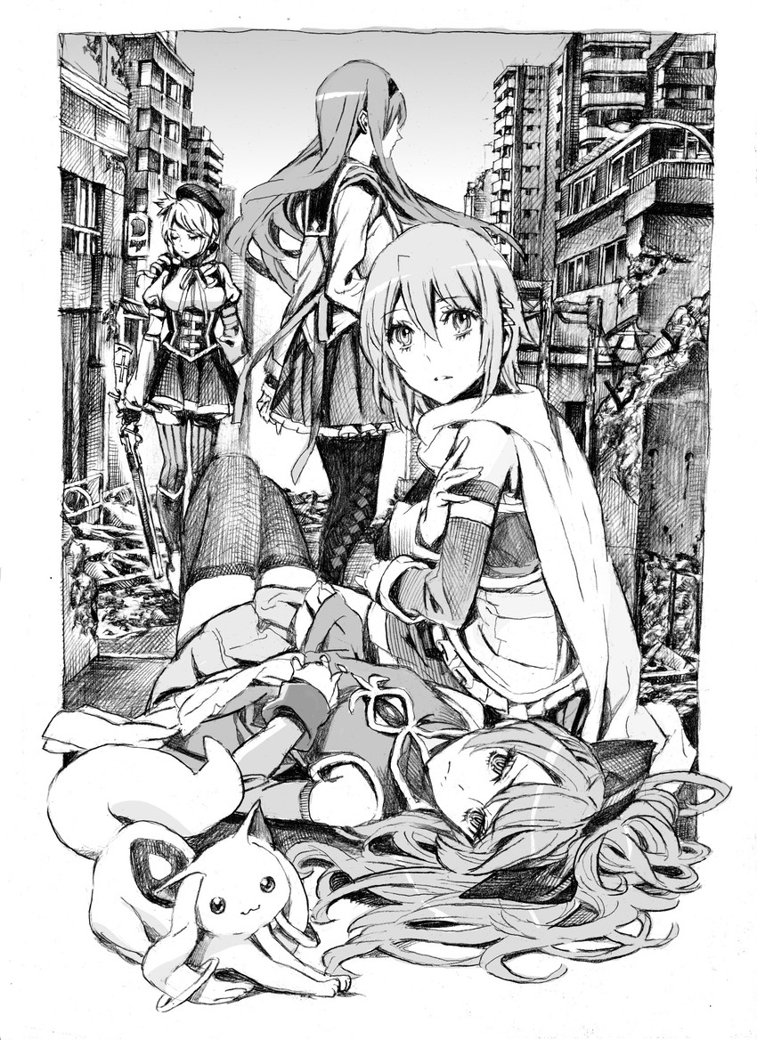 akemi homura, miki sayaka, sakura kyoko, tomoe mami, and kyubey (mahou shoujo madoka magica) drawn by nobita_(makoto7060355)