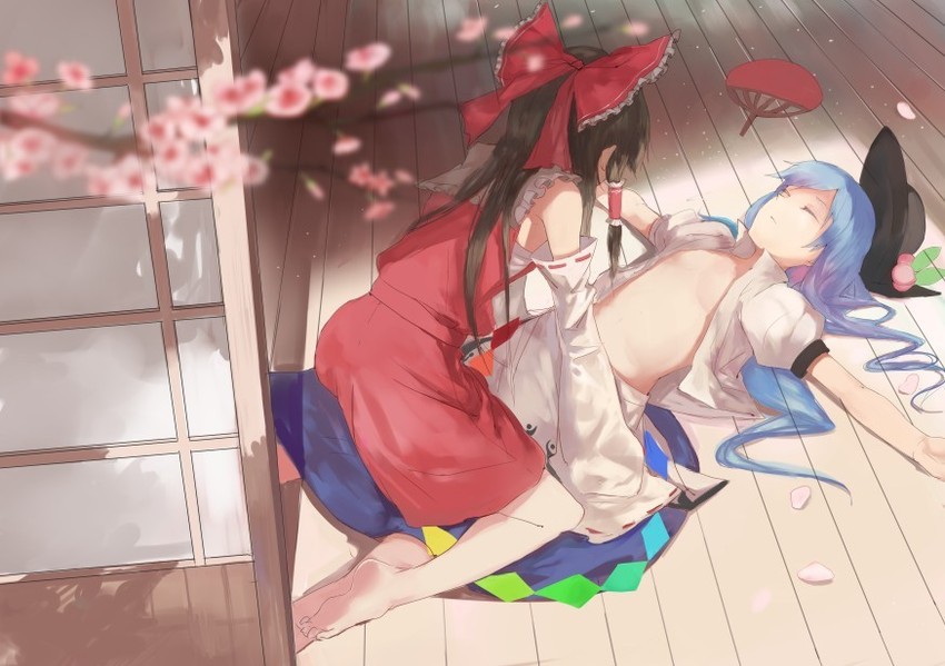hakurei reimu and hinanawi tenshi (touhou) drawn by ran_(bukeranwu)