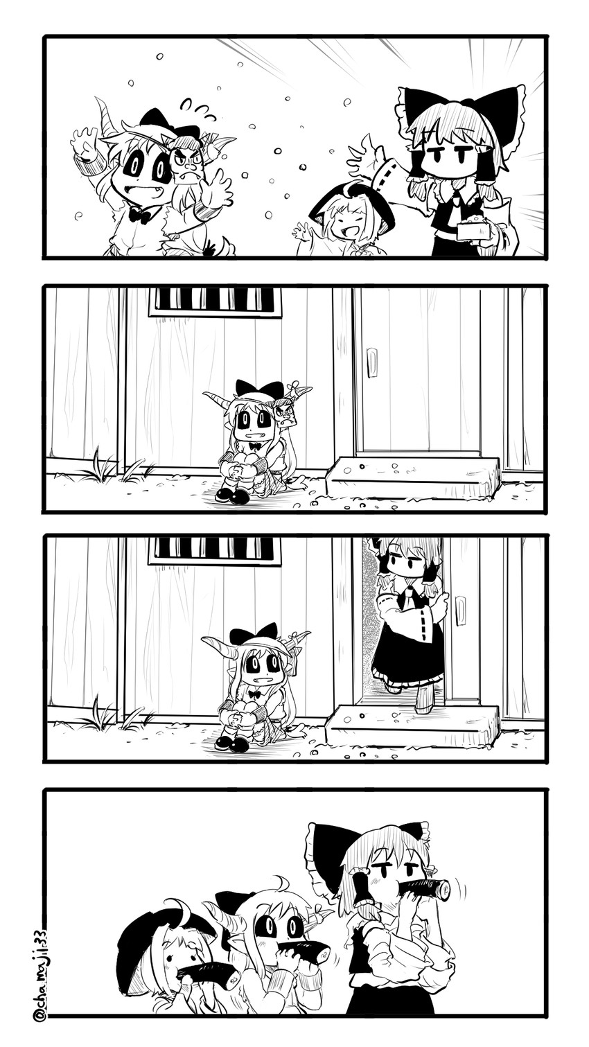 hakurei reimu, ibuki suika, and sukuna shinmyoumaru (touhou) drawn by chamaji