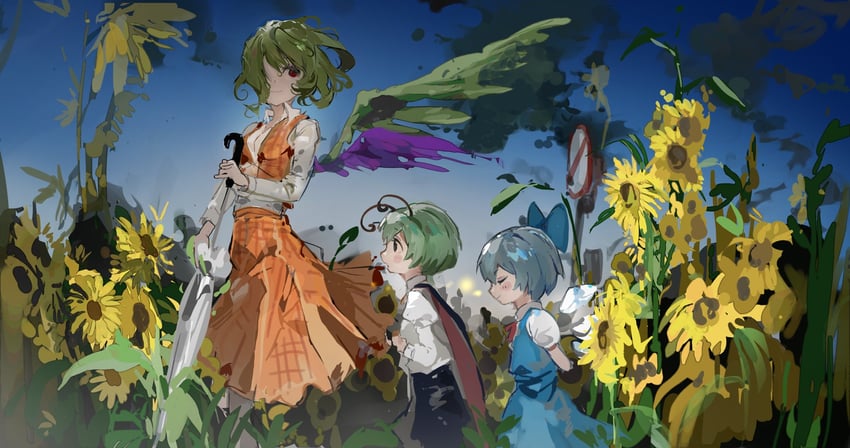 cirno, kazami yuuka, and wriggle nightbug (touhou and 1 more) drawn by sesmkun