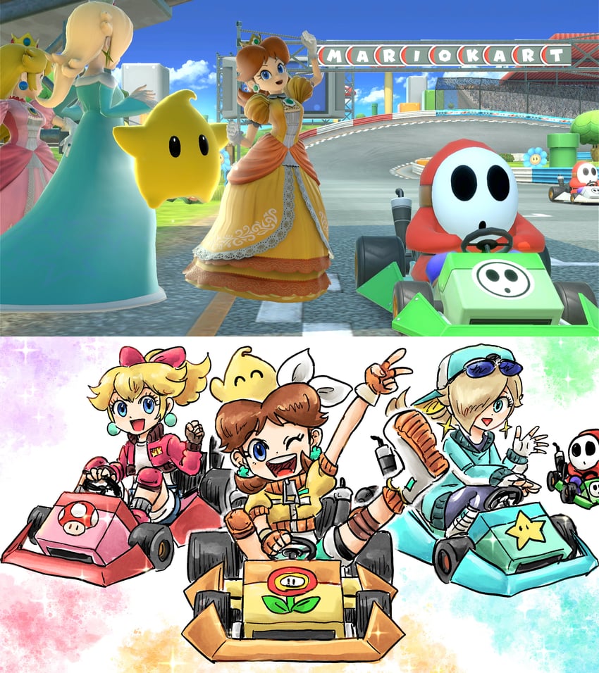 princess peach, rosalina, princess daisy, luma, and shy guy (mario and 3 more) drawn by kicdon