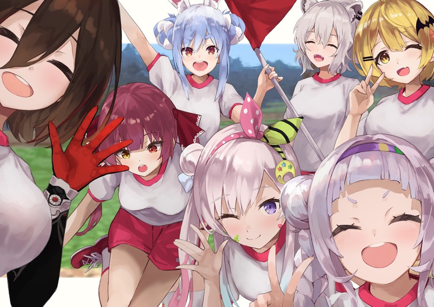 houshou marine, usada pekora, shishiro botan, murasaki shion, roboco-san, and 2 more (hololive and 1 more) drawn by konkito