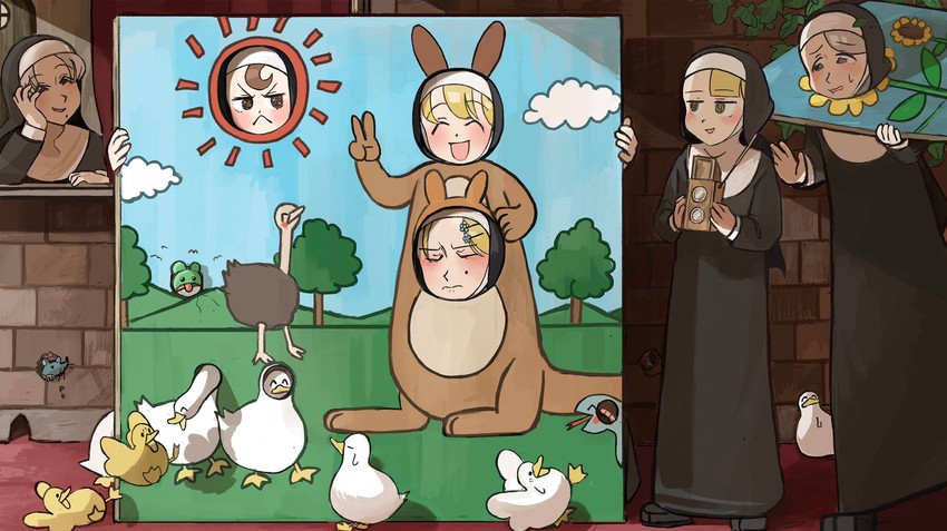 clumsy nun, froggy nun, spicy nun, strict nun, smug nun, and 1 more (little nuns) drawn by diva_(hyxpk)