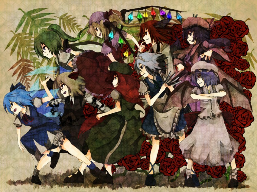 remilia scarlet, flandre scarlet, izayoi sakuya, cirno, patchouli knowledge, and 4 more (touhou and 1 more) drawn by tokoroten_(hmmuk)