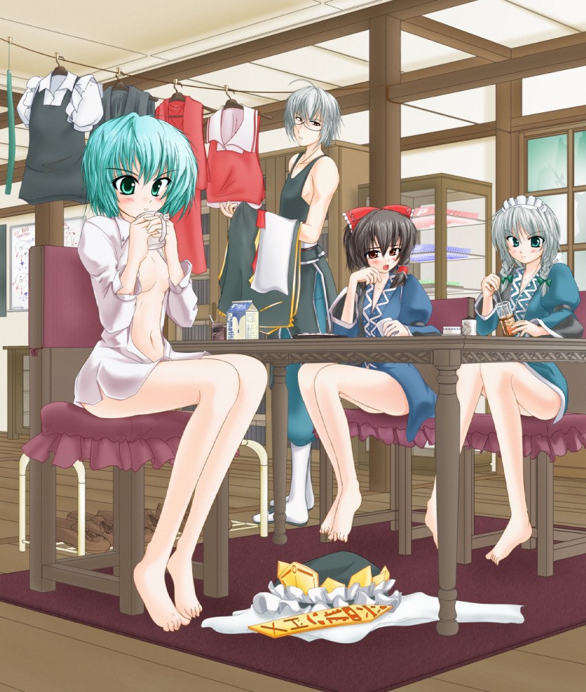 hakurei reimu, izayoi sakuya, kamishirasawa keine, morichika rinnosuke, shiki eiki, and 1 more (touhou) drawn by kirihane