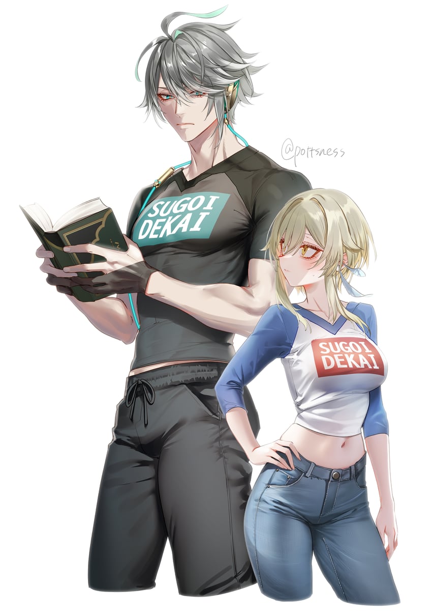 lumine, alhaitham, and uzaki hana (genshin impact and 1 more) drawn by pottsness