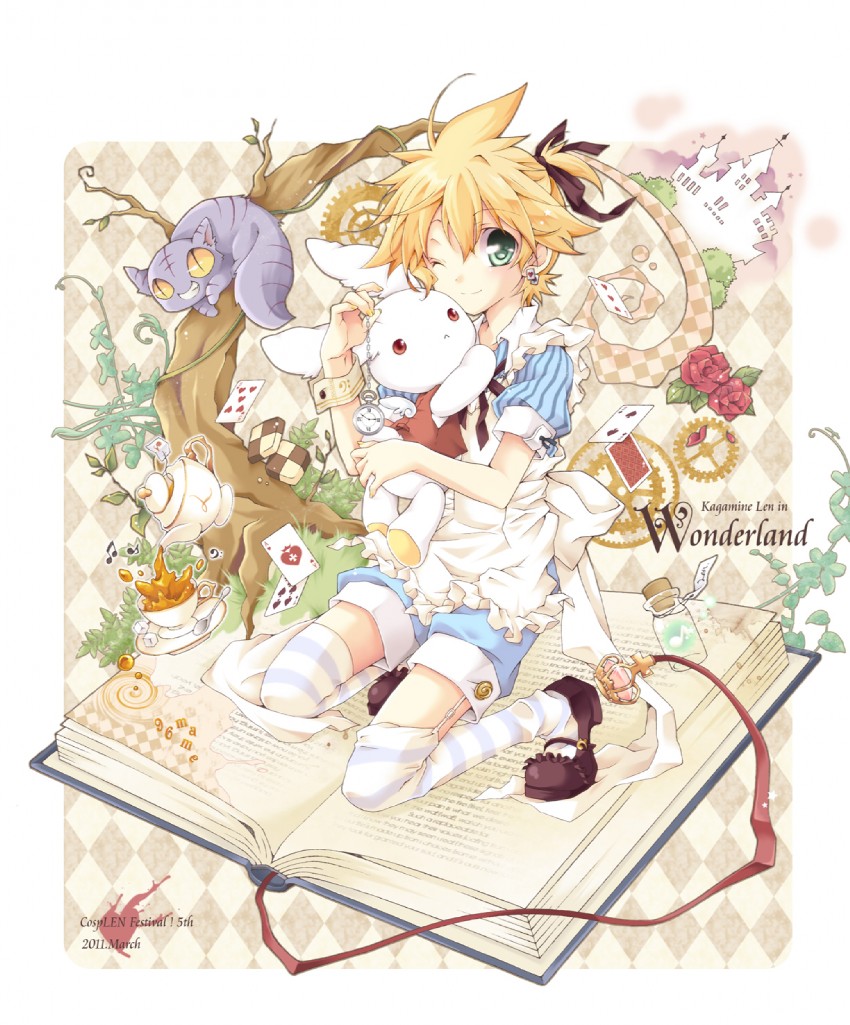 kagamine len, alice, and cheshire cat (vocaloid and 1 more) drawn by 96mame