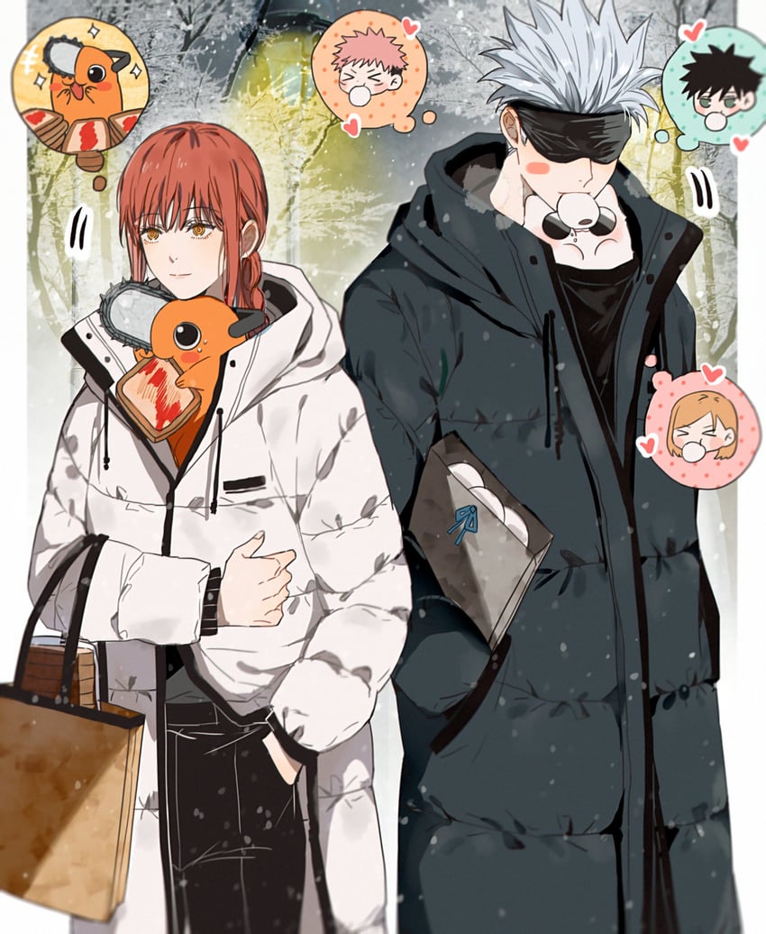 makima, gojou satoru, itadori yuuji, fushiguro megumi, kugisaki nobara, and 1 more (chainsaw man and 1 more) drawn by yoon_(dmsco1803)