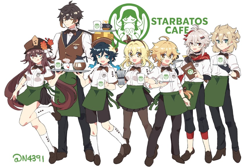 lumine, hu tao, aether, zhongli, venti, and 2 more (genshin impact and 1 more) drawn by n4391