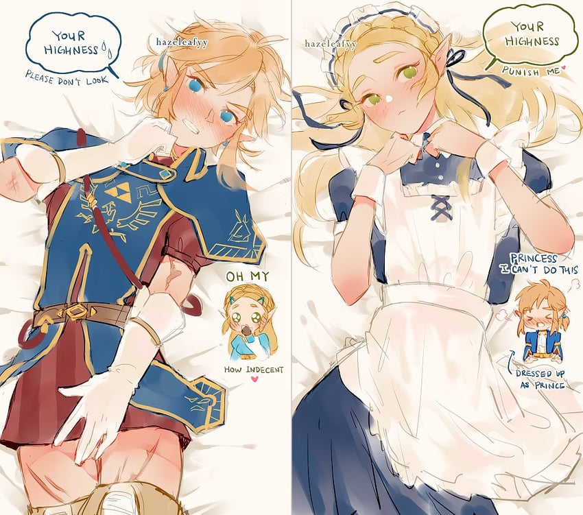link and princess zelda (the legend of zelda and 1 more) drawn by hazeleafyy
