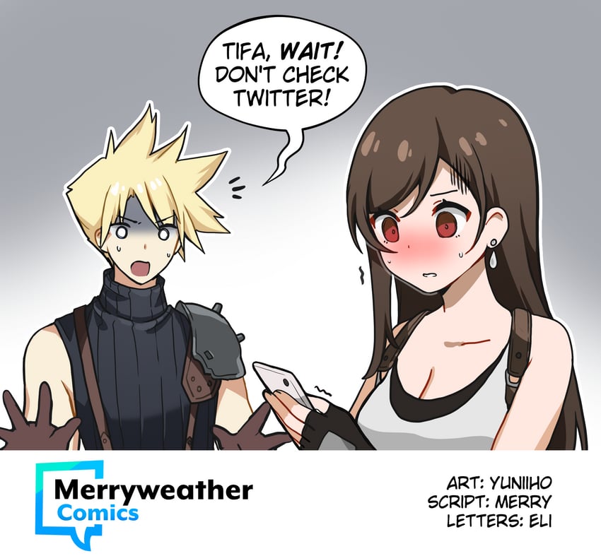 tifa lockhart and cloud strife (final fantasy and 2 more) drawn by merryweather and yuniiho