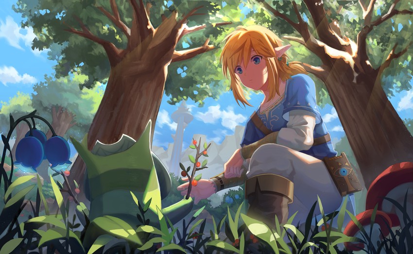link and korok (the legend of zelda and 1 more) drawn by oisy