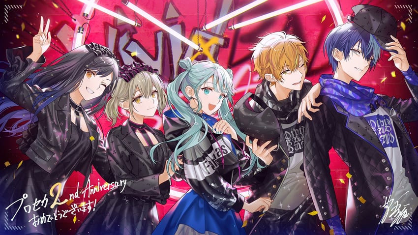 hatsune miku, shinonome akito, shiraishi an, aoyagi touya, azusawa kohane, and 1 more (vocaloid and 1 more) drawn by kyo_zip