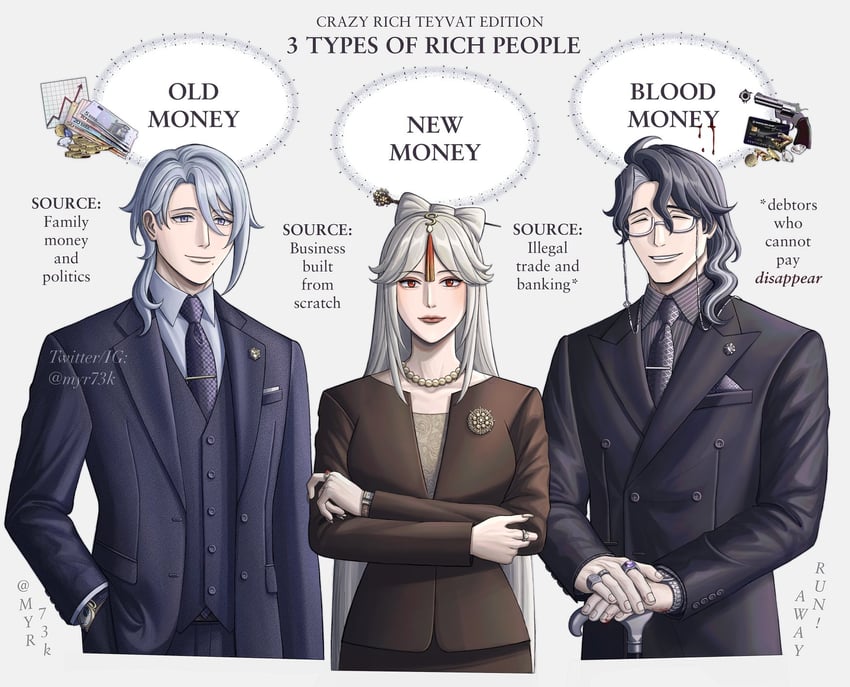 ningguang, kamisato ayato, and pantalone (genshin impact) drawn by myr73k