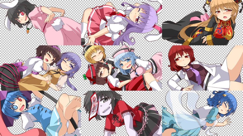 reisen udongein inaba, tatara kogasa, inaba tewi, kaku seiga, miyako yoshika, and 7 more (touhou) drawn by hemogurobin_a1c