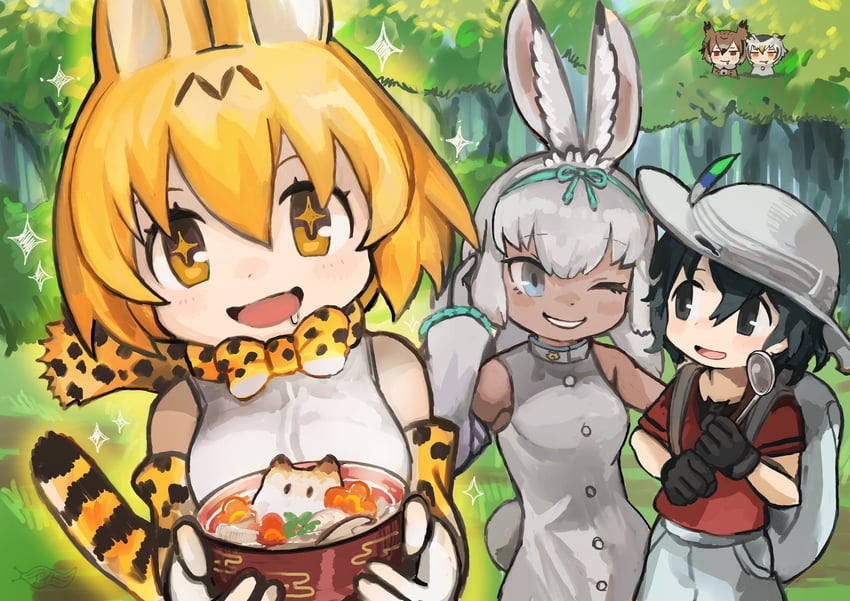 serval, kaban, northern white-faced owl, eurasian eagle owl, and tsukuyomi shinshi (kemono friends) drawn by dido_(di_do_di_do)