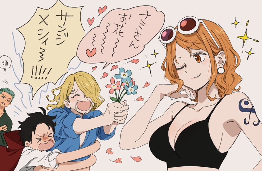 nami, monkey d. luffy, roronoa zoro, and sanji (one piece) drawn by taro_(honyarara00)