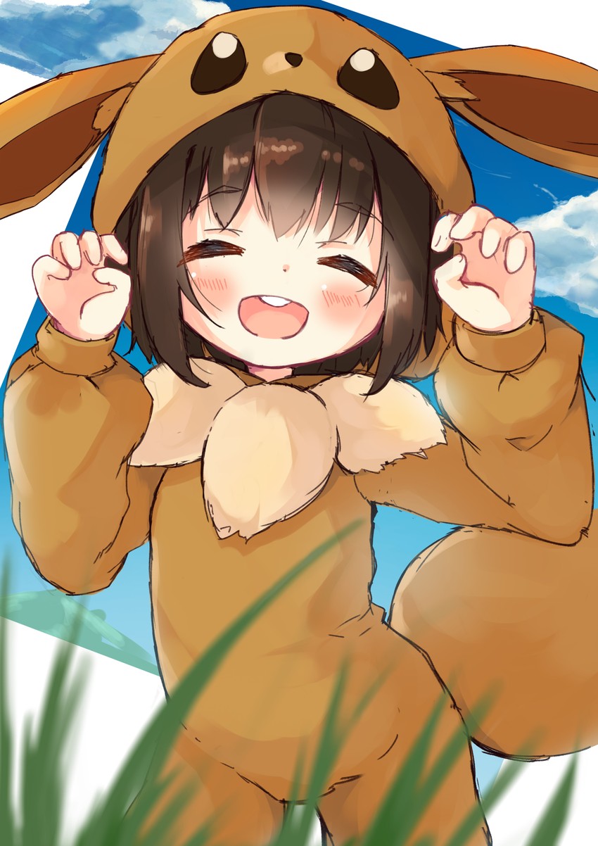 eevee and poke kid (pokemon and 1 more) drawn by manabe_mana