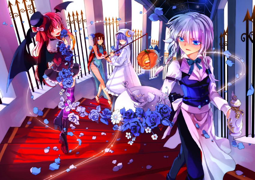 izayoi sakuya, cirno, patchouli knowledge, hong meiling, and koakuma (touhou) drawn by hakoiri_nekohime