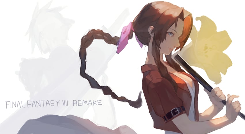 cloud strife and aerith gainsborough (final fantasy and 2 more) drawn by uedrk_yamato