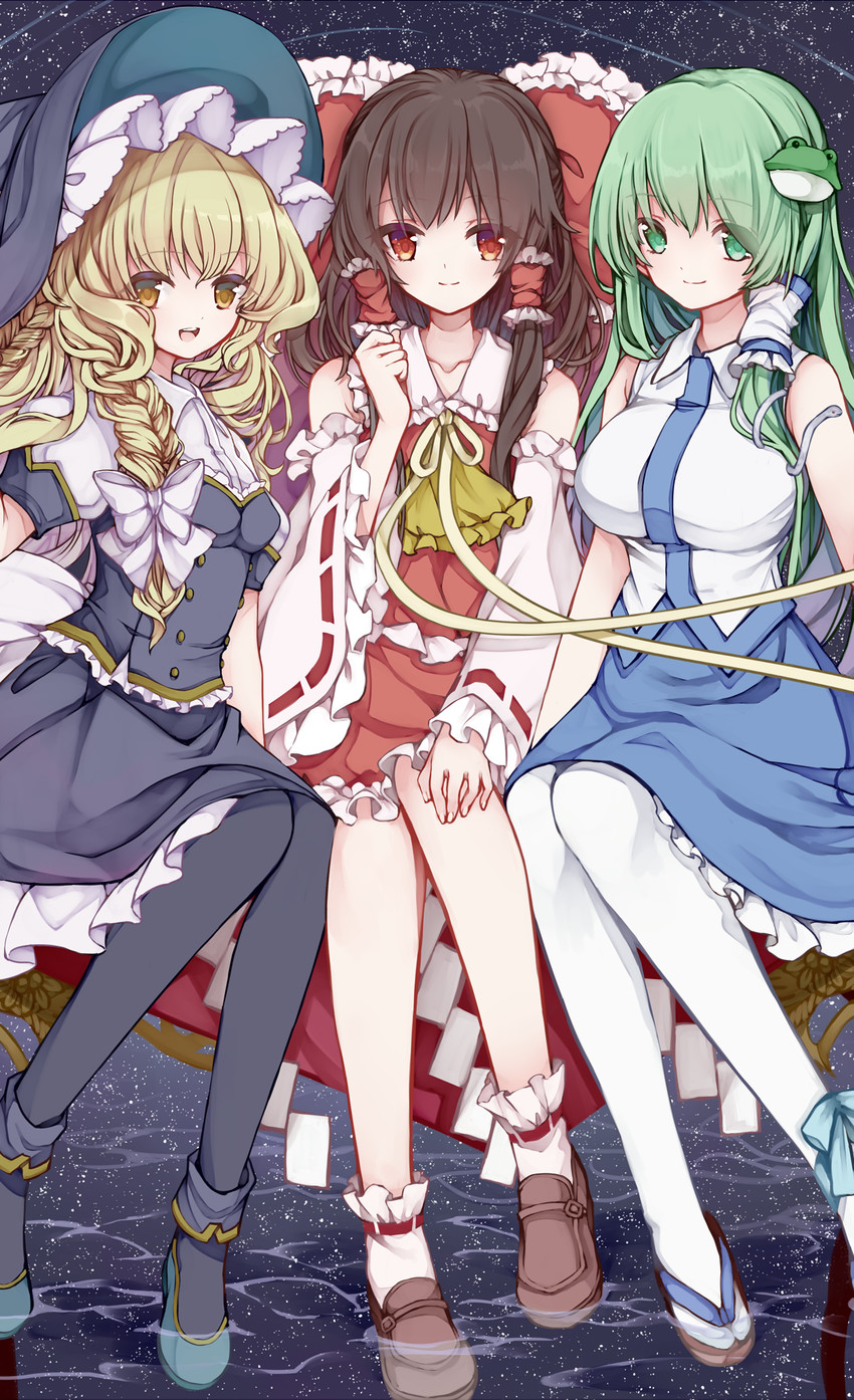 hakurei reimu, kirisame marisa, and kochiya sanae (touhou) drawn by risui_(suzu_rks)