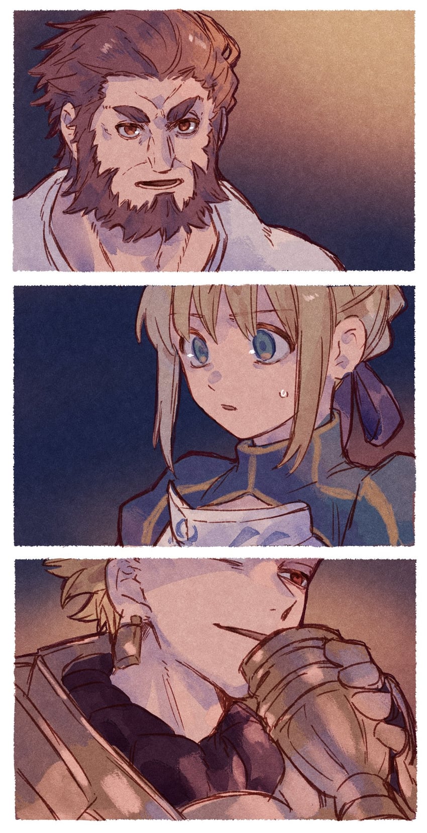 artoria pendragon, saber, gilgamesh, and iskandar (fate and 1 more) drawn by machi_(uqyjee)