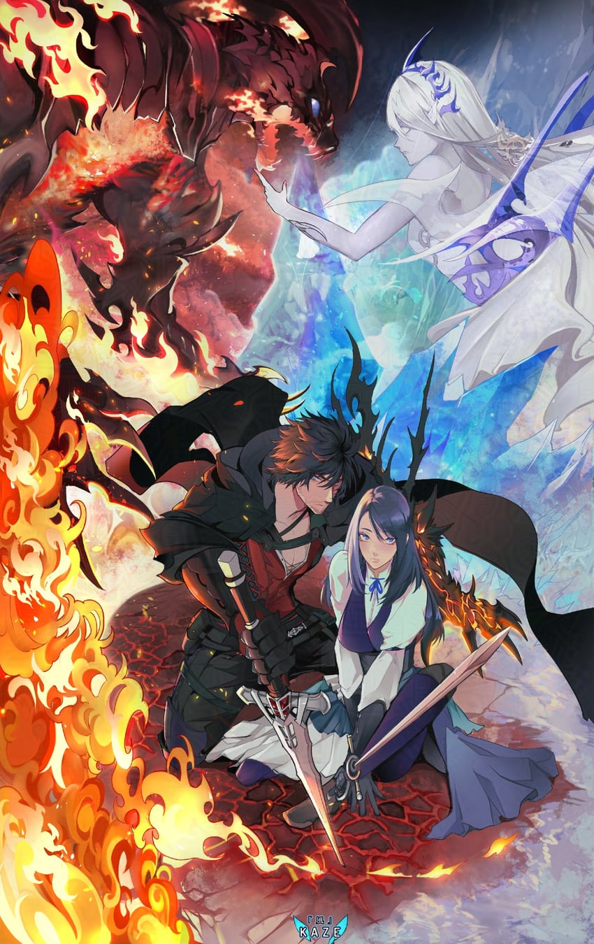 clive rosfield, jill warrick, shiva, and ifrit (final fantasy and 1 more) drawn by kazekyoutekito