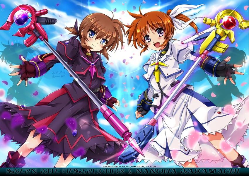takamachi nanoha, raising heart, stern the destructor, and luciferion (lyrical nanoha and 1 more) drawn by san-pon