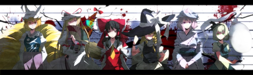 hakurei reimu, kirisame marisa, konpaku youmu, yakumo yukari, saigyouji yuyuko, and 1 more (touhou) drawn by hirasaka_ine