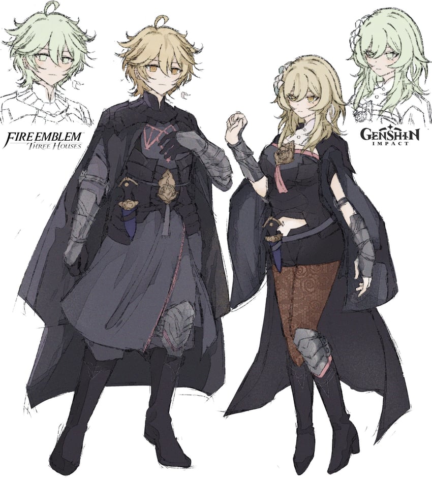 lumine, aether, female byleth, male byleth, and zach aguilar (genshin impact and 2 more) drawn by lorinovashley