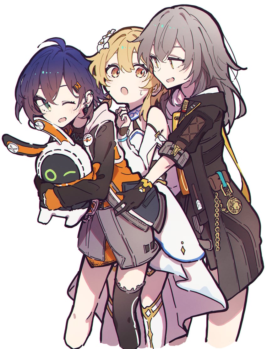 lumine, trailblazer, stelle, belle, and eous (genshin impact and 4 more) drawn by aitekku