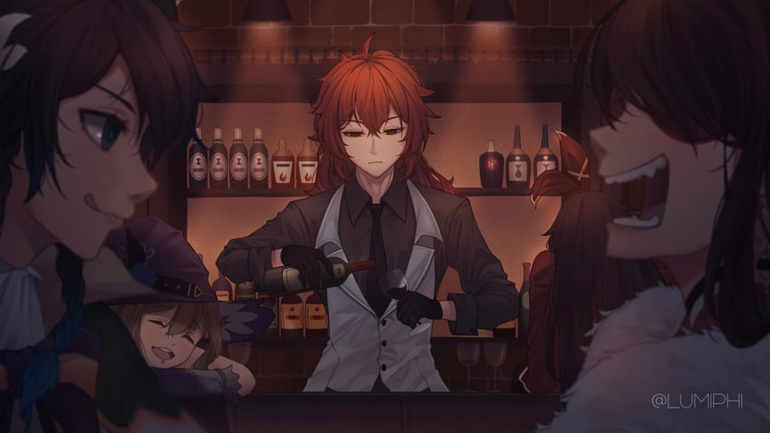 venti, diluc, amber, lisa, and beidou (genshin impact) drawn by lumiphi