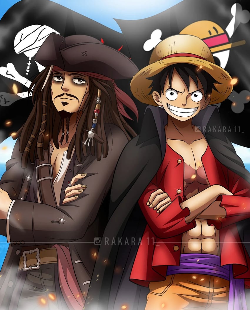 monkey d. luffy and jack sparrow (one piece and 1 more) drawn by rakara11_(rakkarts)