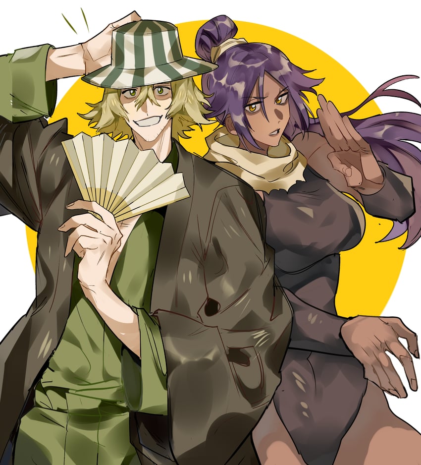 shihouin yoruichi and urahara kisuke (bleach) drawn by xi_luo_an_ya