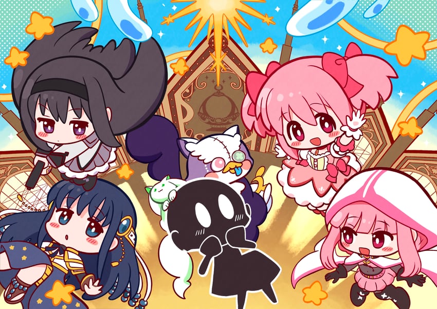 akemi homura, kaname madoka, tamaki iroha, nanami yachiyo, a-q, and 2 more (mahou shoujo madoka magica and 2 more) drawn by leon0510