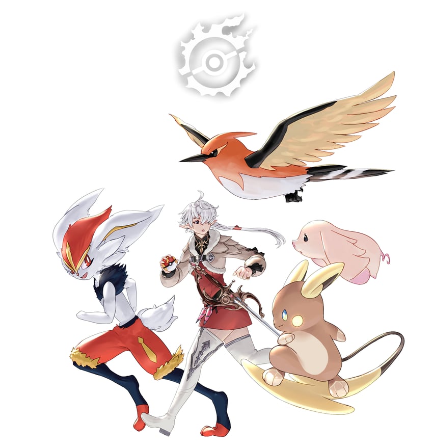 cinderace, alolan raichu, alisaie leveilleur, red mage, fletchinder, and 1 more (pokemon and 2 more) drawn by potion_lilac