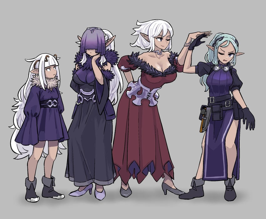 dark elf village lady, dark elf village girl, dark elf tavernkeeper, and dark elf provisioner (unicorn overlord) drawn by squid_jt