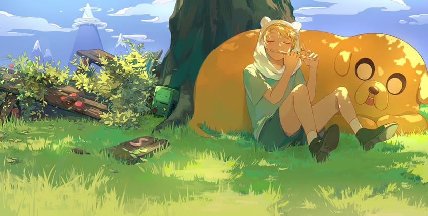 finn the human, jake the dog, bmo, and shelby (adventure time) drawn by eden_(eden871225)