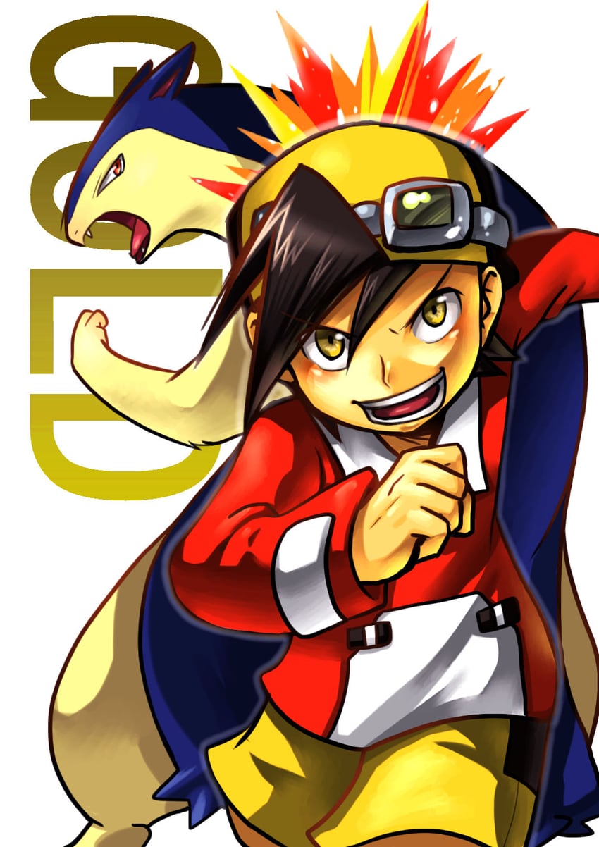 ethan and typhlosion (pokemon and 1 more) drawn by cha_kuro_(limo)