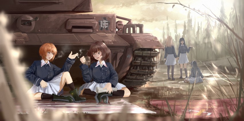 nishizumi miho, akiyama yukari, takebe saori, reizei mako, and isuzu hana (girls und panzer) drawn by 42littlefish