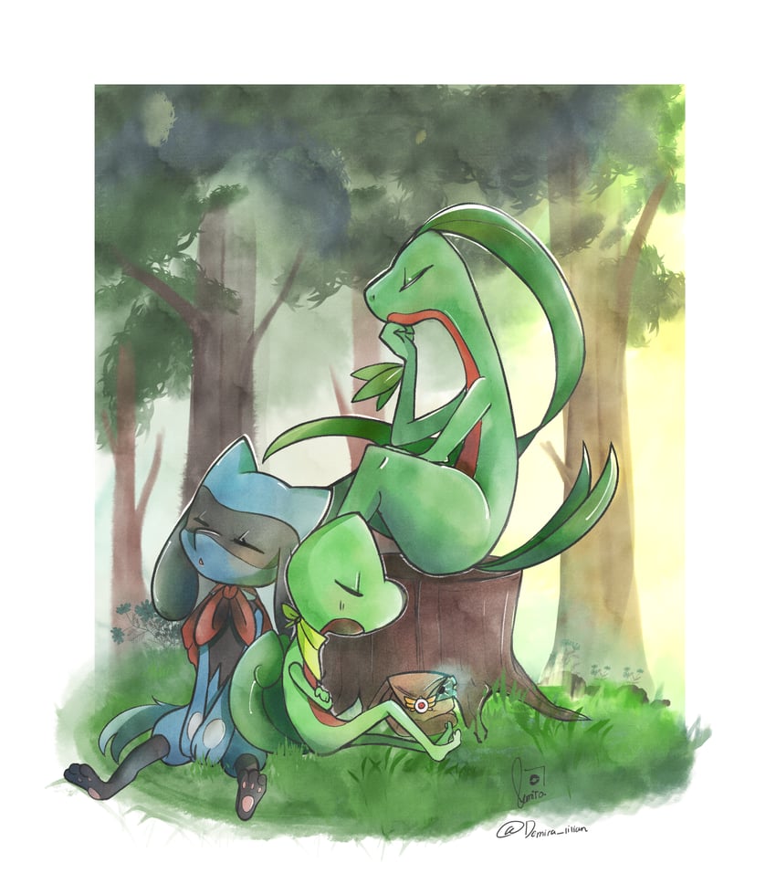 riolu, treecko, and grovyle (pokemon and 2 more) drawn by demira_lilian