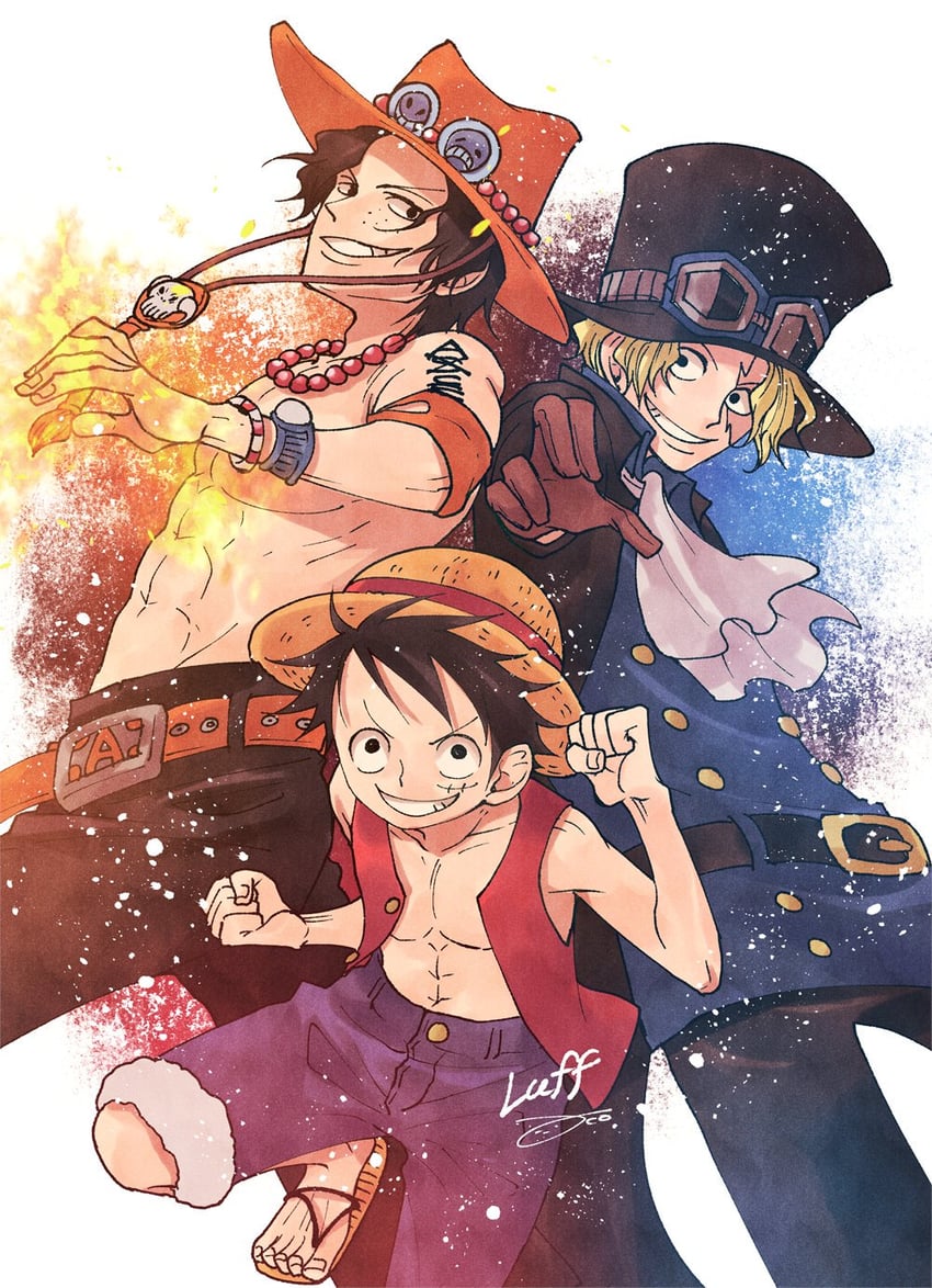 monkey d. luffy, portgas d. ace, and sabo (one piece) drawn by aco_peda