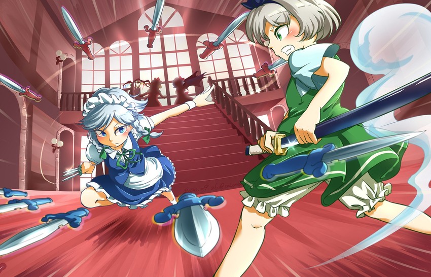 remilia scarlet, flandre scarlet, izayoi sakuya, and konpaku youmu (touhou) drawn by calcmis_gowa