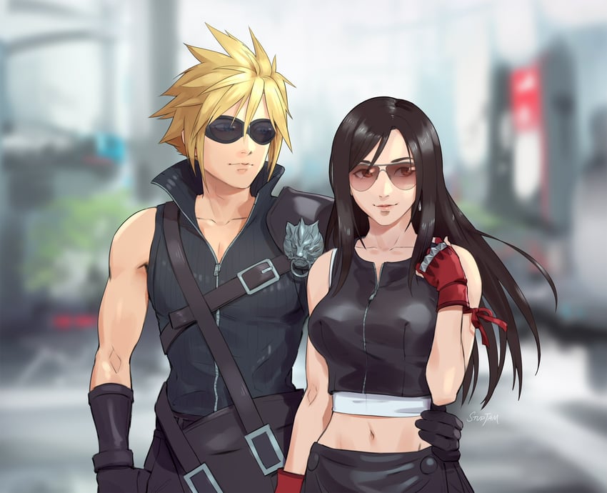 tifa lockhart, cloud strife, and fenrir (final fantasy and 2 more) drawn by stup-jam