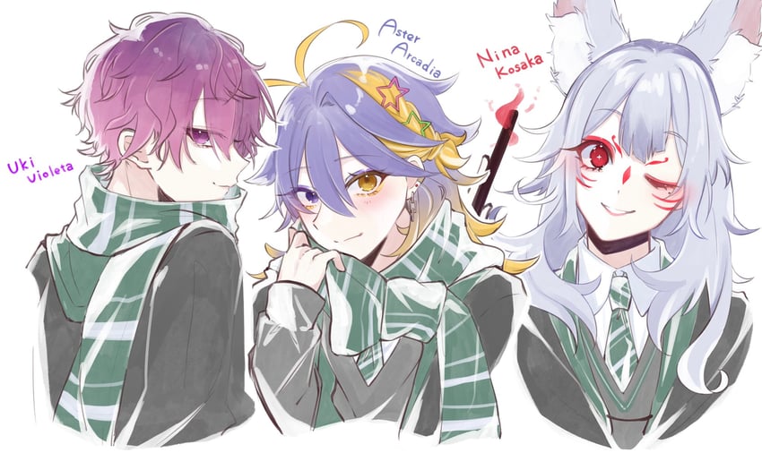 nina kosaka, uki violeta, and aster arcadia (nijisanji and 3 more) drawn by yukishiro_(boma_winter)