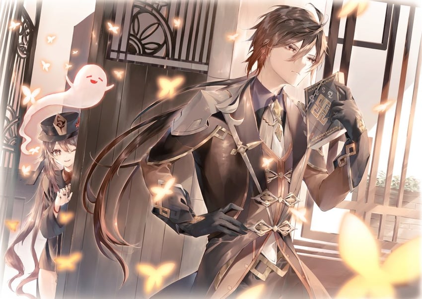 hu tao, zhongli, and boo tao (genshin impact) drawn by ohuton_inu