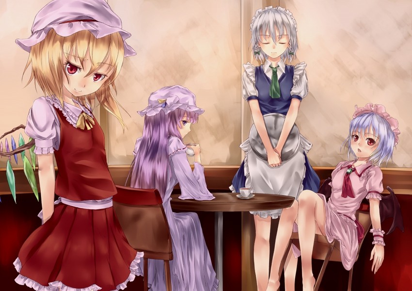 remilia scarlet, flandre scarlet, izayoi sakuya, and patchouli knowledge (touhou) drawn by yoi_(tokoyoi)