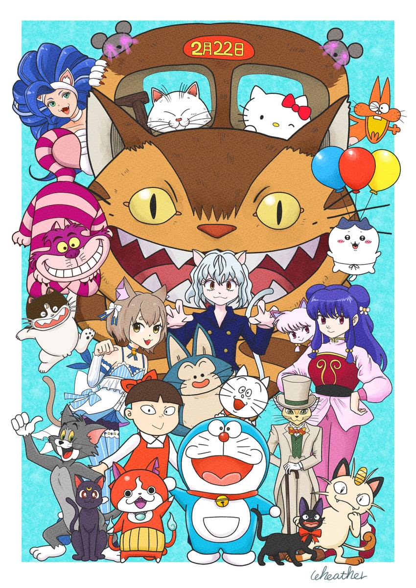 felicia, nekomusume, meowth, hello kitty, doraemon, and 16 more (pokemon and 20 more) drawn by wheather