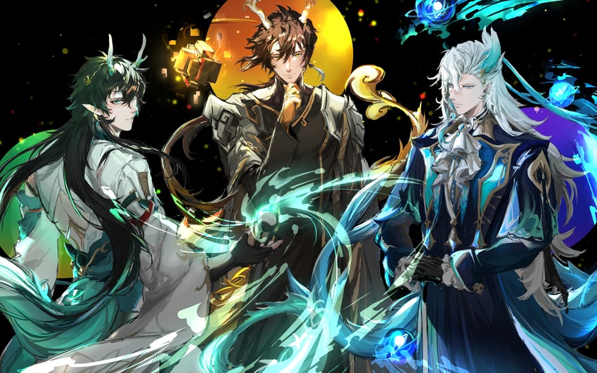 zhongli, dan heng, and neuvillette (genshin impact and 3 more) drawn by 22709987